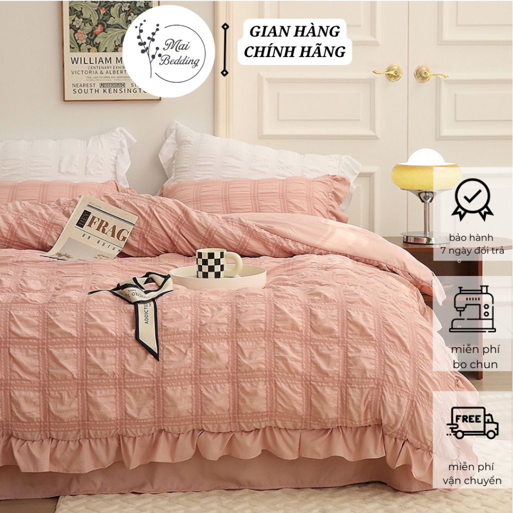 Bộ Chăn Ga Gối Cotton Đũi Trơn Có Bèo Rúm Maibedding Mềm Mại Bồng Bềnh Trang Nhã Quý Tộc Cho Những Cô Công Chúa Đẹp Nhất