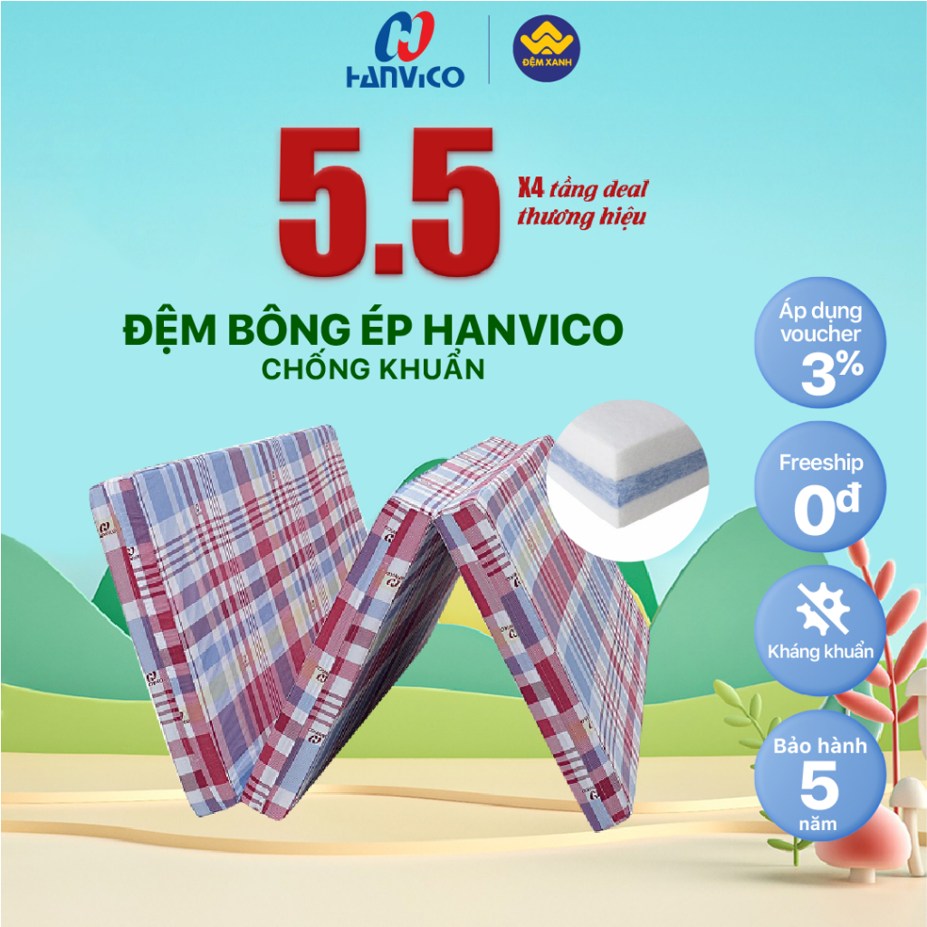 Đệm bông ép Hanvico chống khuẩn - bảo hành chính hãng