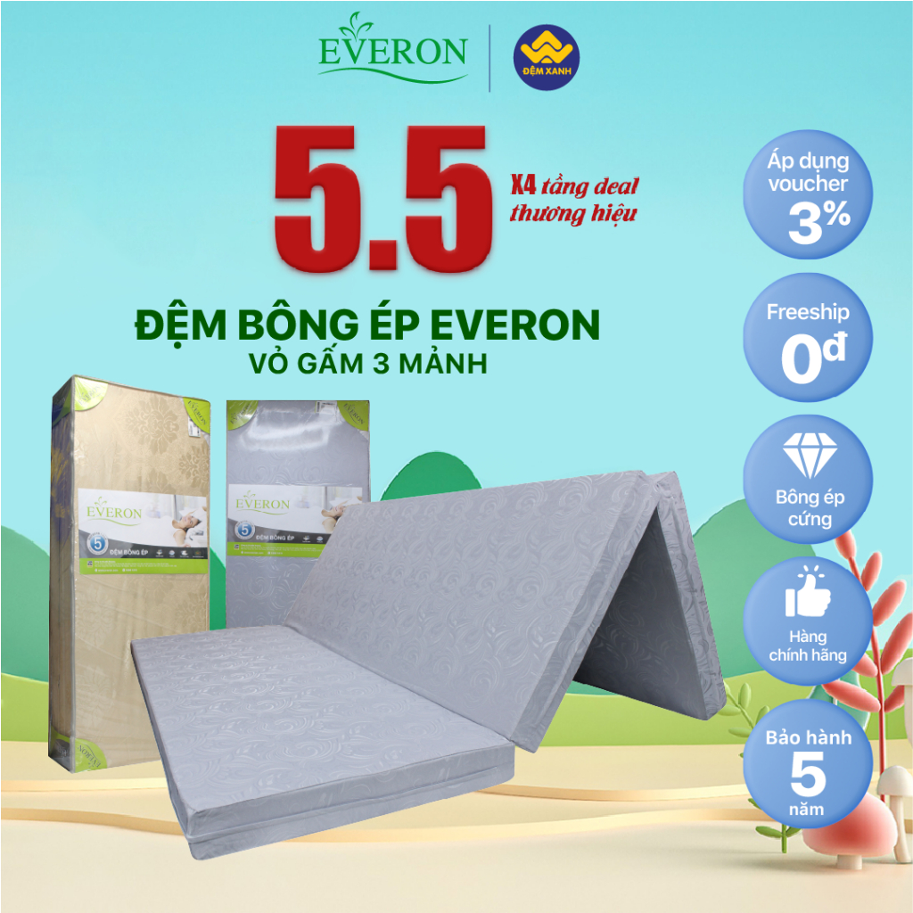 Đệm bông ép Everon vỏ gấm 3 mảnh