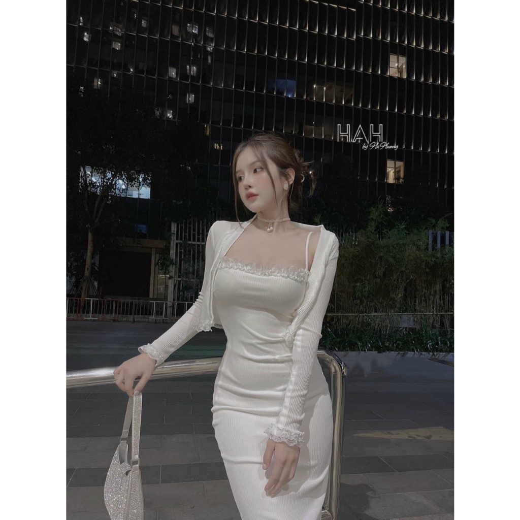 Set đầm hai dây phối ren kèm áo khoác tay dài