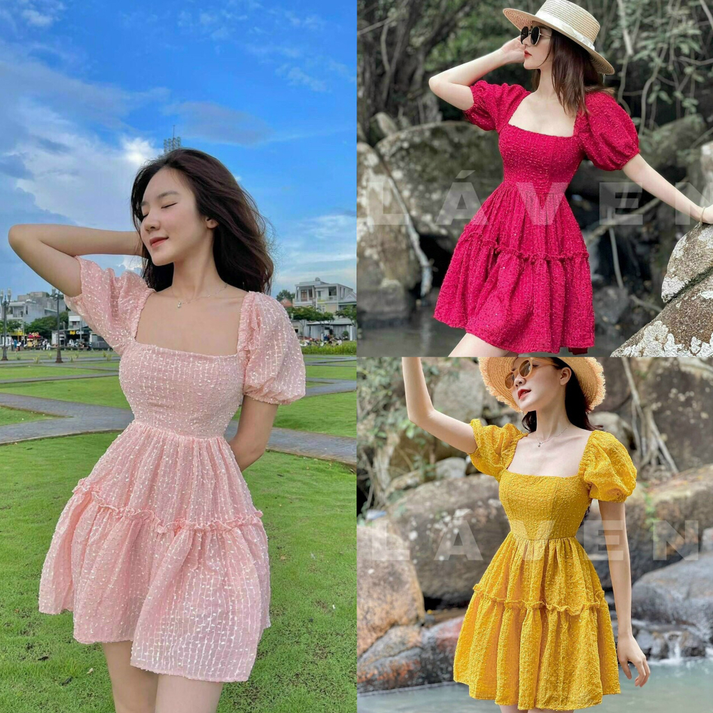 Đầm váy nữ xốp chỉ dáng xòe ngắn tay phồng họa tiết cột nơ lưng xinh xắn, đáng yêu thích hợp cho các chị em đi biển