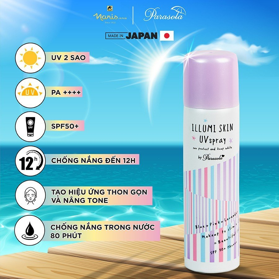 Xịt chống nắng dưỡng da thon gọn Naris PARASOLA ILLUMI skin UV Spay, UV 2-sao SPF50+ PA+++ 80Gr