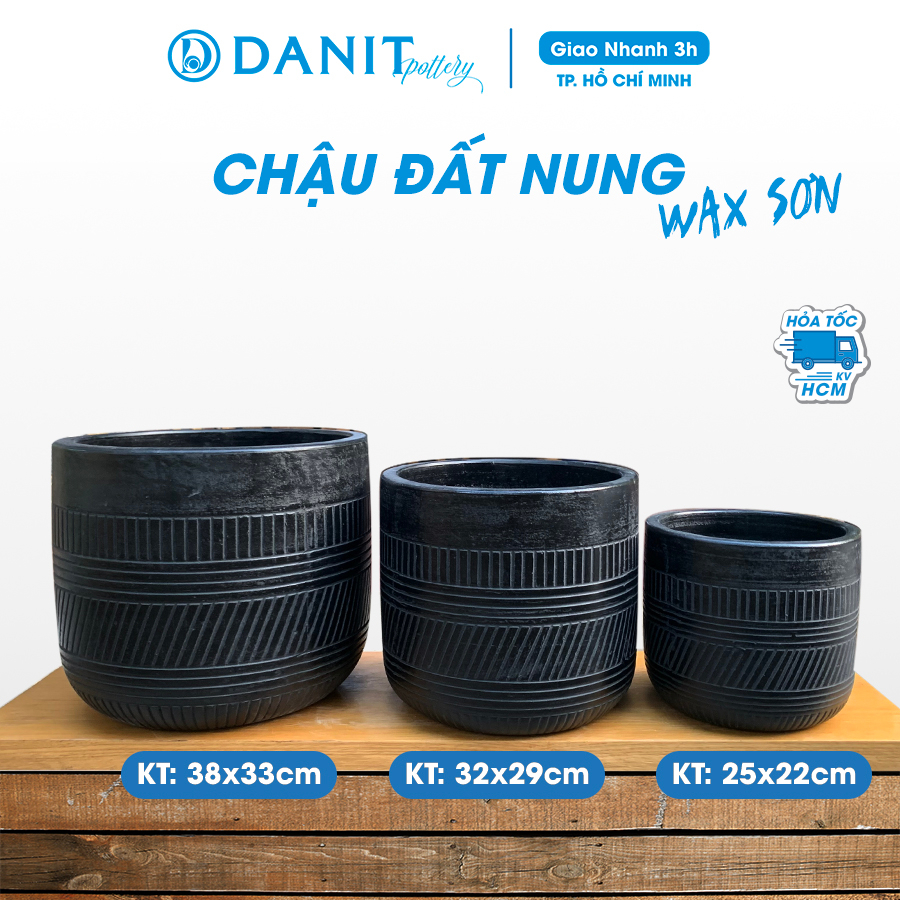 Chậu trụ bo đáy đất nung DANIT POTTERY họa tiết hình học wax sơn cao cấp phù hợp các loại cây nội thất
