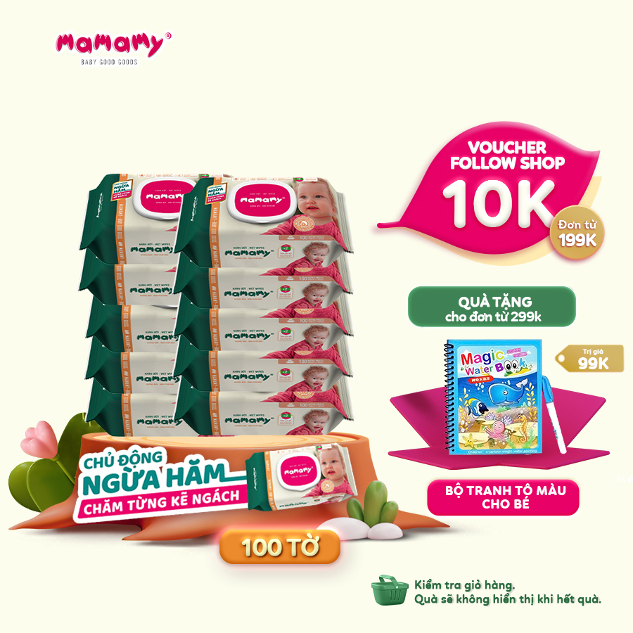 Combo 10 Khăn giấy ướt 100 tờ có nắp chủ động ngừa hăm/x2 chất ngừa hăm Mamamy Không mùi/Mùi dịu nhẹ an toàn cho bé
