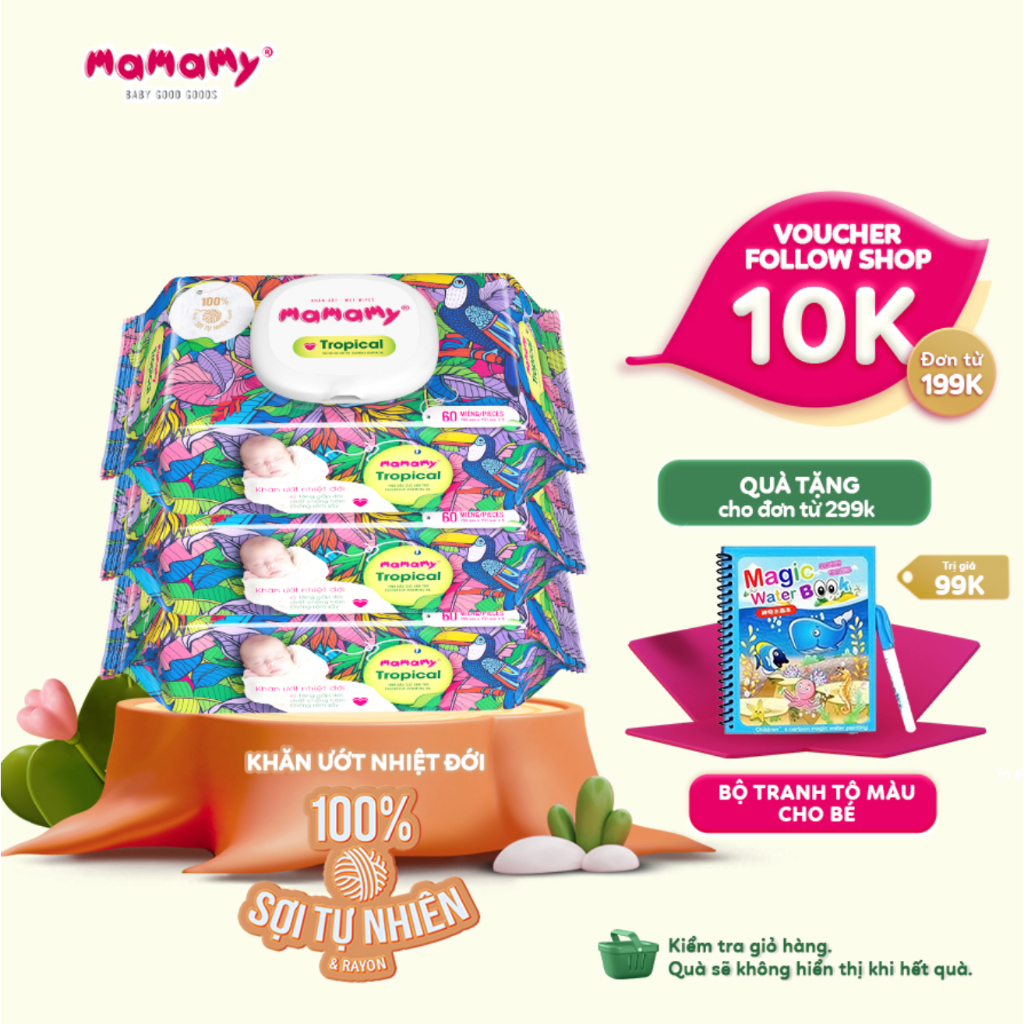 Combo 3 Khăn giấy ướt 100% sợi tự nhiên và rayon Mamamy Tropical Tinh dầu cúc vạn thọ/Không mùi 60 tờ