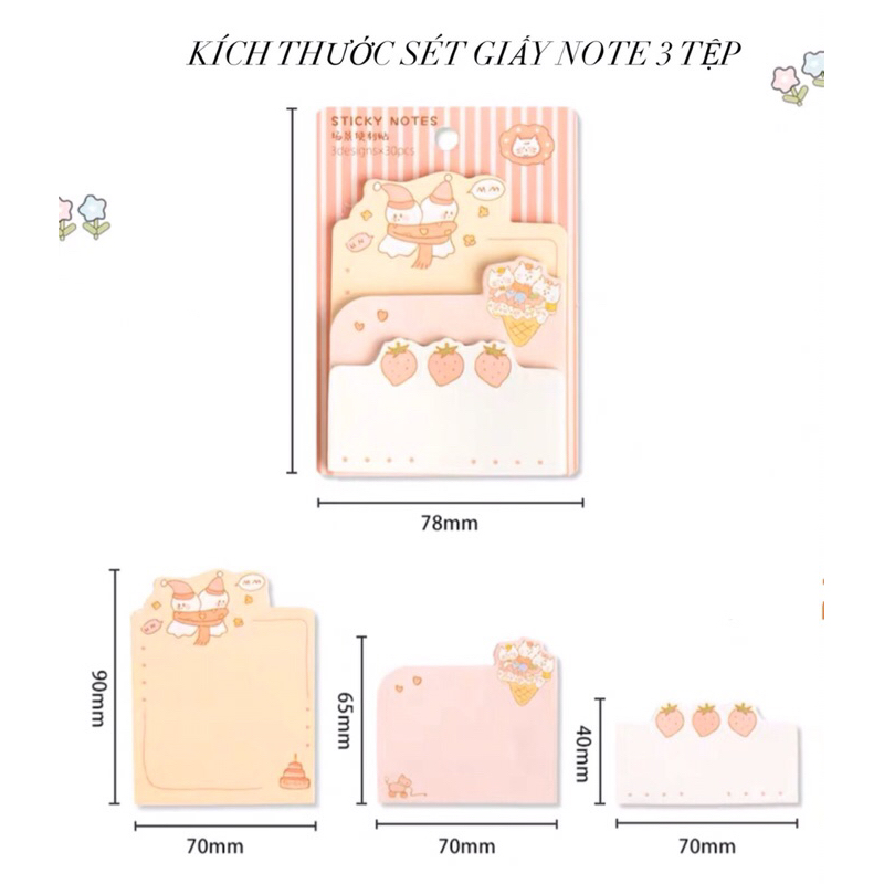 Sét bộ 3 xấp giấy note ghi chú 90 tờ in hoạ tiết hoạt hình dễ thương văn phòng phẩm…
