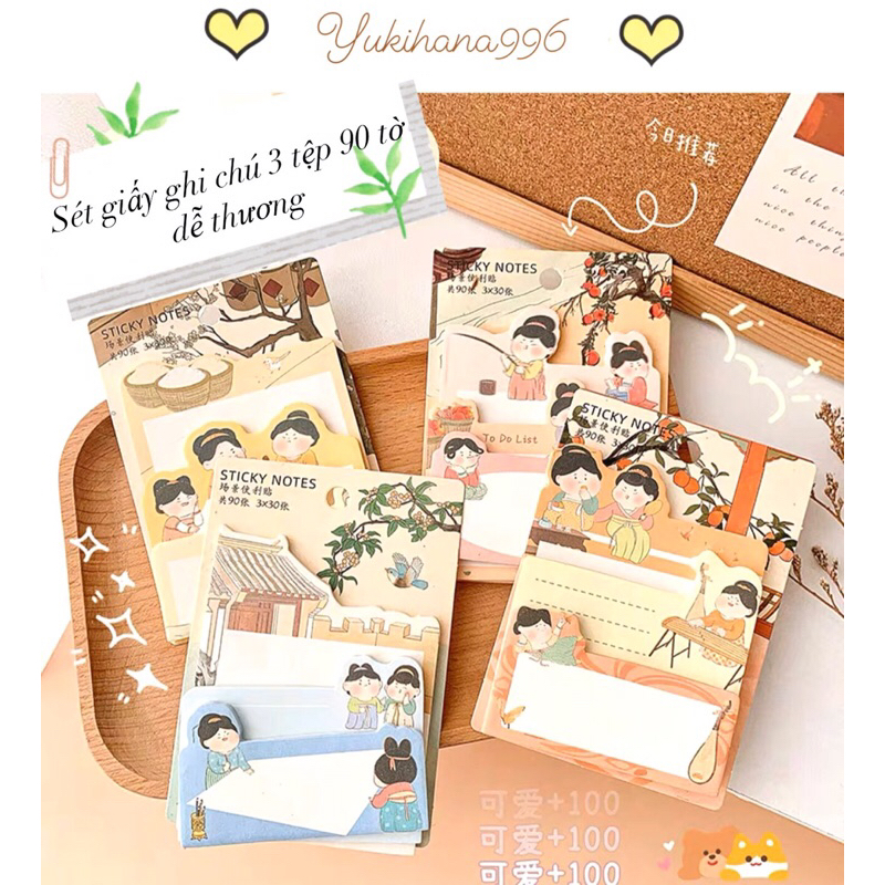 Sét bộ 3 xấp giấy note ghi chú 90 tờ in hoạ tiết hoạt hình dễ thương văn phòng phẩm…
