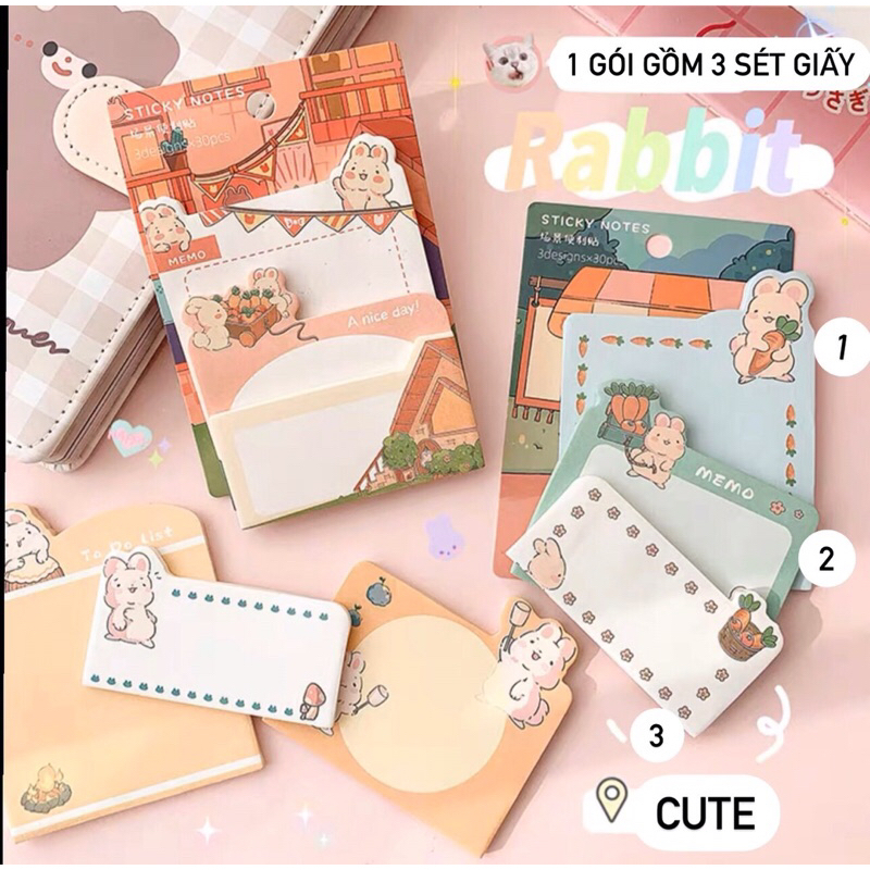 Sét bộ 3 xấp giấy note ghi chú 90 tờ in hoạ tiết hoạt hình dễ thương văn phòng phẩm…