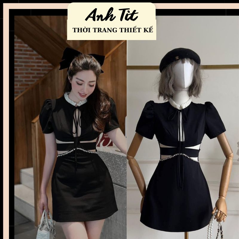 Đầm Cut Out Cổ Tròn Phối Đá Đi Tiệc Siêu Xinh, Váy Tay Phồng Khoét Eo Dáng Xoè Màu Đen Mix Đá Hàng Thiết Kế Siêu Xinh