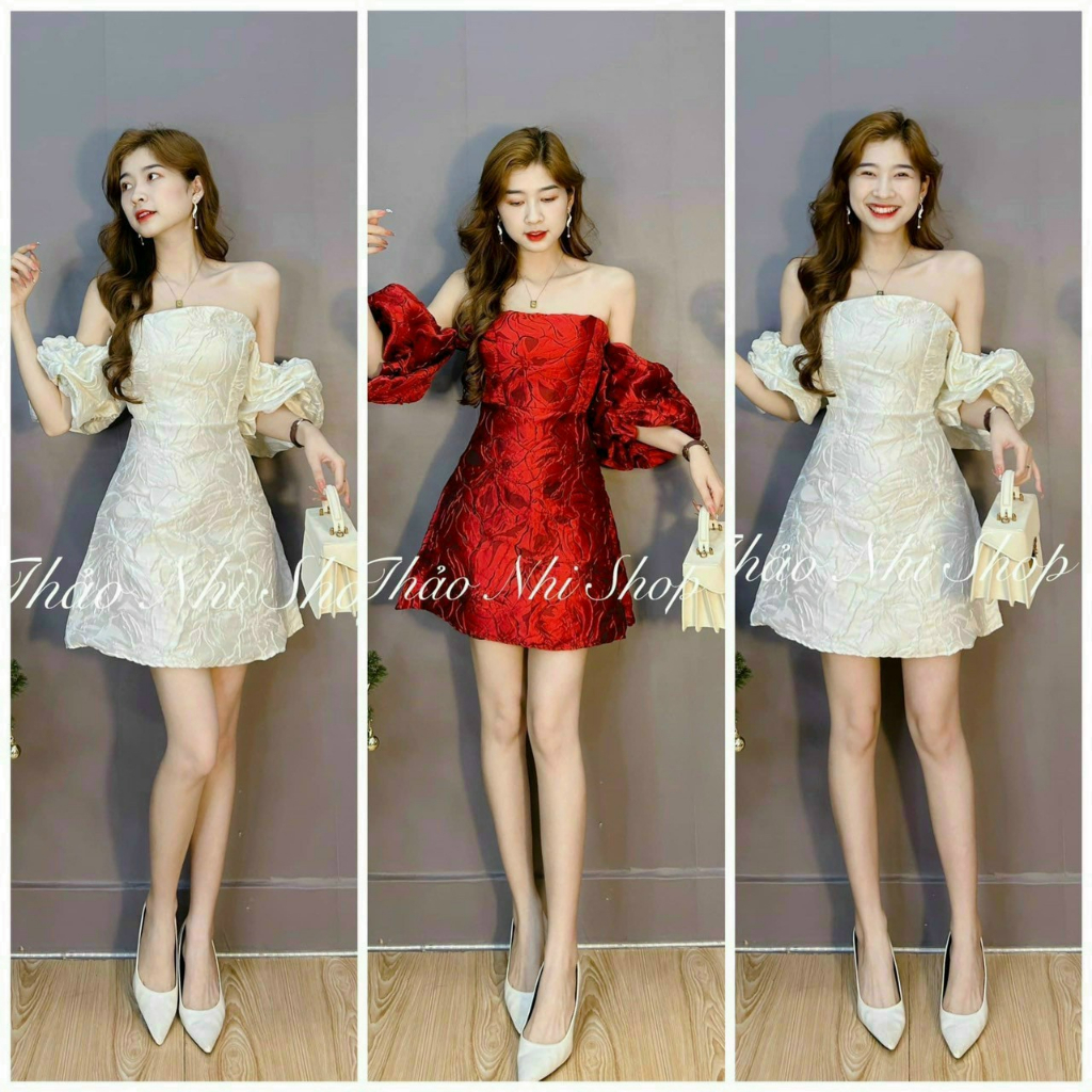 Đầm váy chất gấm hoa cúp ngực trễ vai tay bồng xinh xắn dành cho các nàng đi chơi, dự tiệc sang chảnh dành cho các nàng