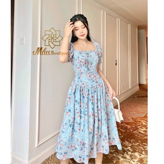 VÁY MIDI HOA XANH TIỂU THƯ - ảnh thật mẫu mặc