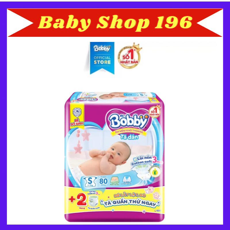 Tã Dán Bobby Sơ Sinh đệm thun thấm mồ hôi S80  + 2 Miếng