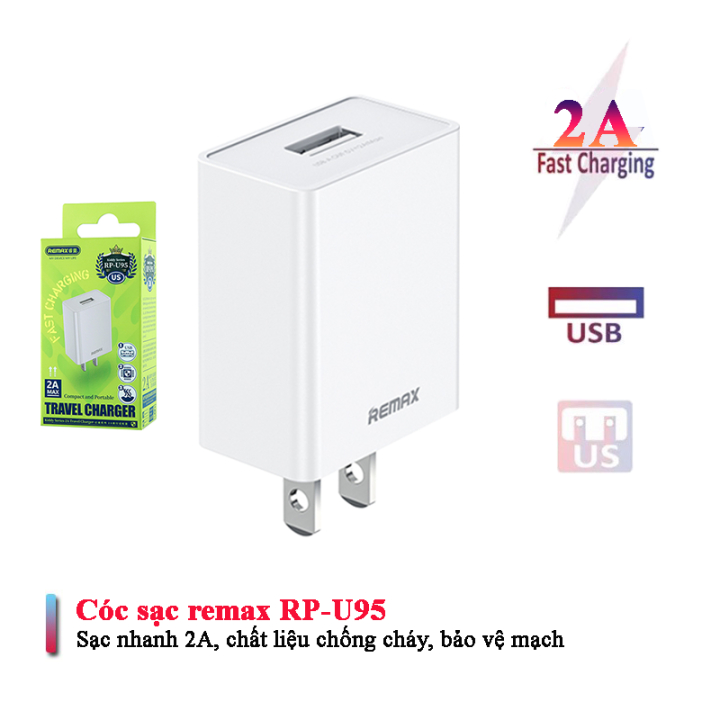 Củ sạc điện thoại Remax RP-U95. Cổng sạc USB dòng 2A