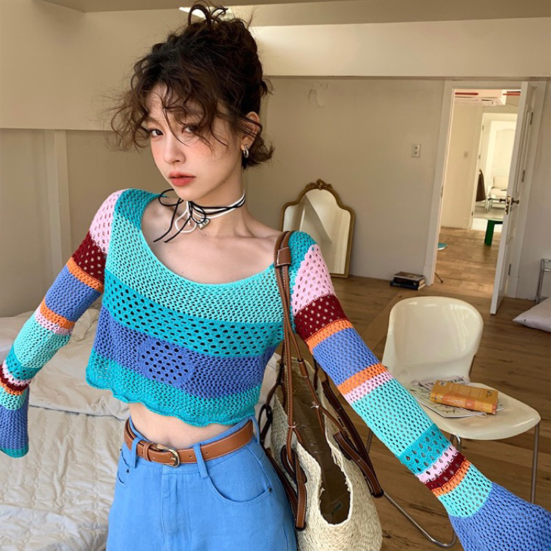 Áo thun dài tay lưới dệt kim sọc ngang nhiều màu cầu vồng croptop rực rỡ nổi bật đi biển dạo phố khoác ngoài bikini