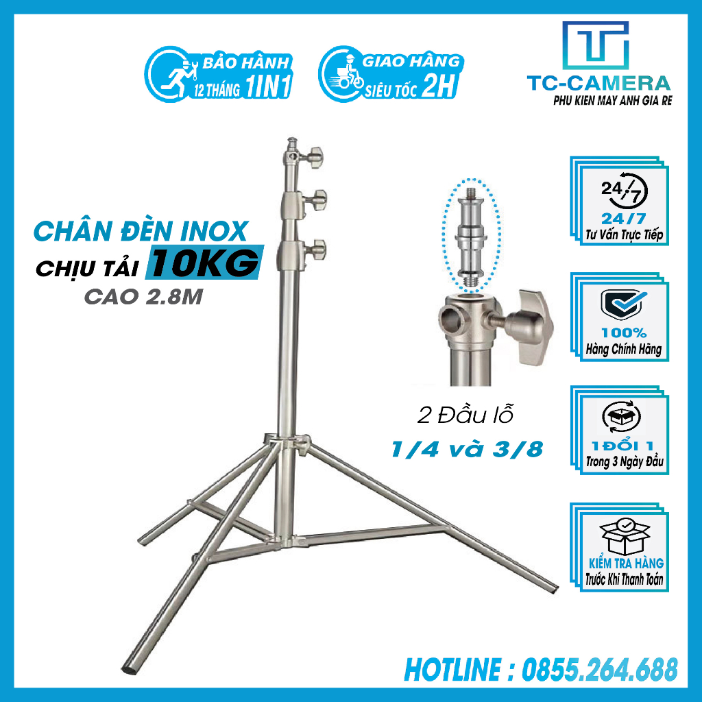 Chân đèn. Chân đèn inox 280 cm loại tốt chịu tải 10 kg . Bh 12 tháng