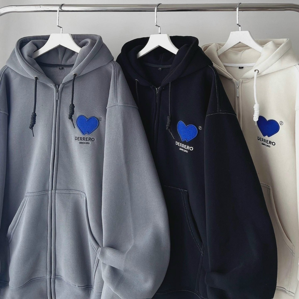 Áo Khoác Thun Nỉ Chữ DERRERO Kiểu Hoodie Có Khóa Kéo Zip Nữ Nam Cặp Đôi Couple 💖HOT RẺ ĐẸP💖 Form Rông Unisex Thu Đông