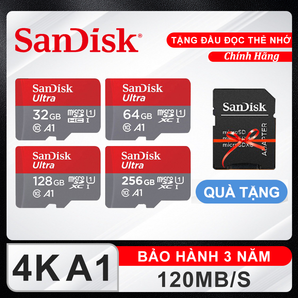 Thẻ Nhớ Sandisk Chính Hãng 32GB/64GB/128GB thẻ sd tốc độ cao SDHC dùng điện thoại máy ảnh điện thoại Wifi Camera 120MB/S