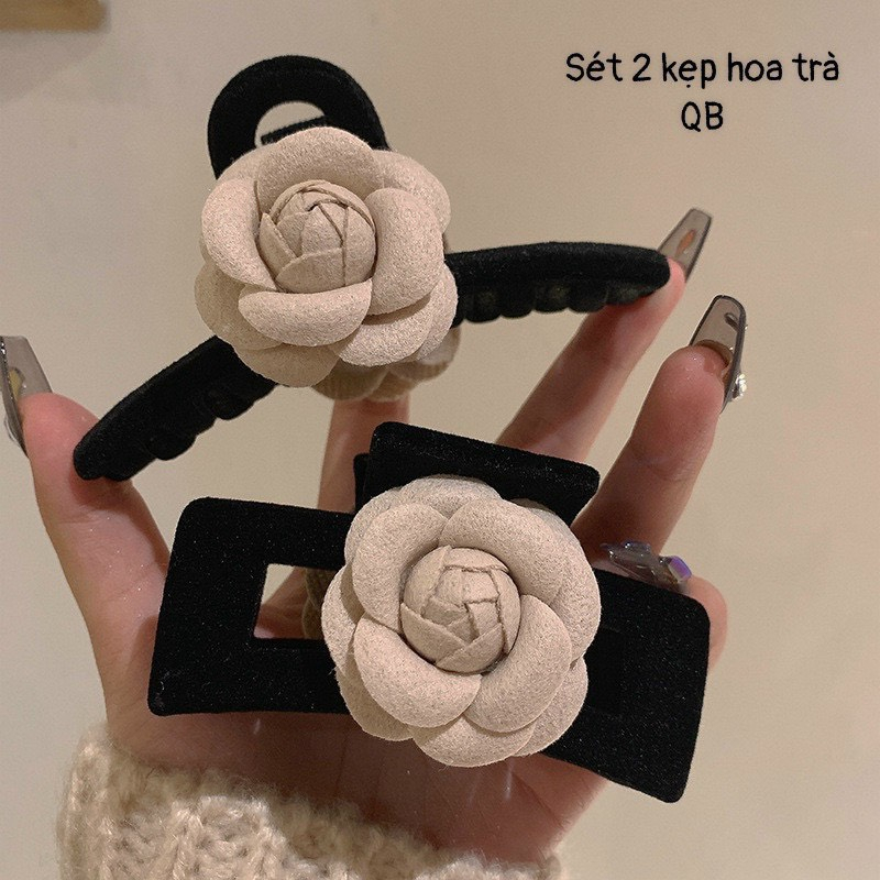 Siêu rẻ ❤️ Kẹp nhung đen hình hoa trà phong cách Retro nữ tính sang trọng, thời trang cổ điển