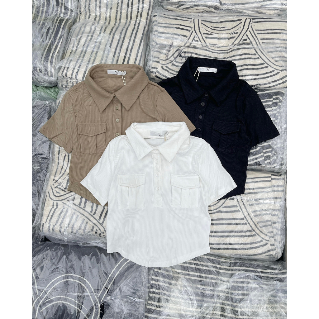 Áo Croptop Polo nữ cộc tay chất thun Cotton dày dặn phối 2 túi hộp