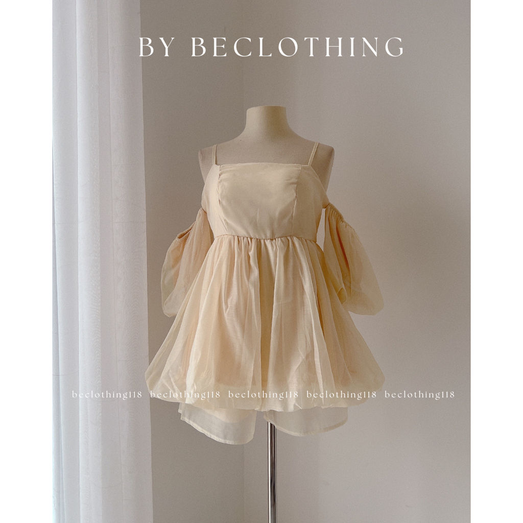 SET BEIGE ÁO RỚT VAI + SHORT VOAN