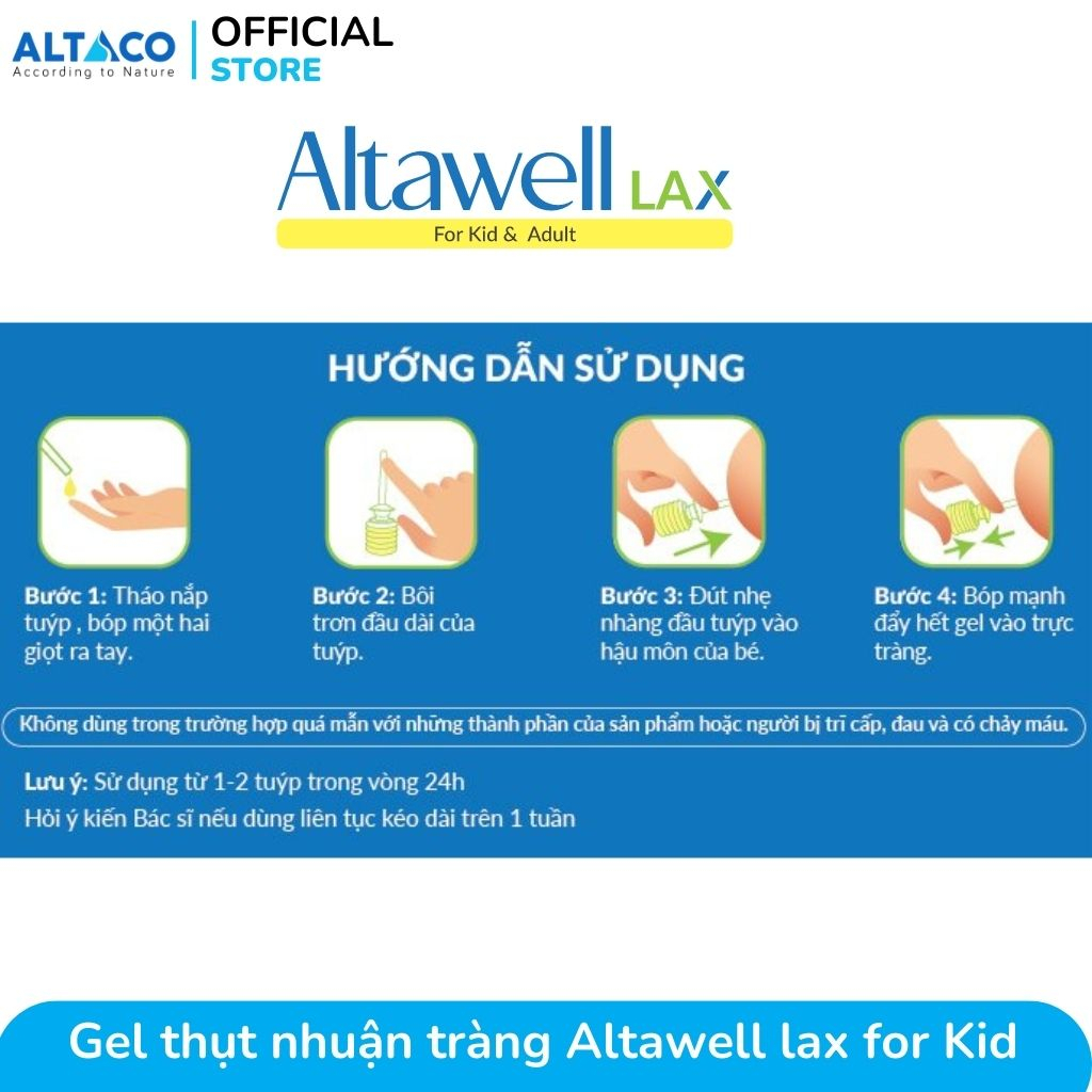 Gel thụt nhuận tràng Altawell lax For Kid, giảm táo bón nhanh, an toàn với diệp lục lá cây Glycerol dành cho trẻ em (5g)