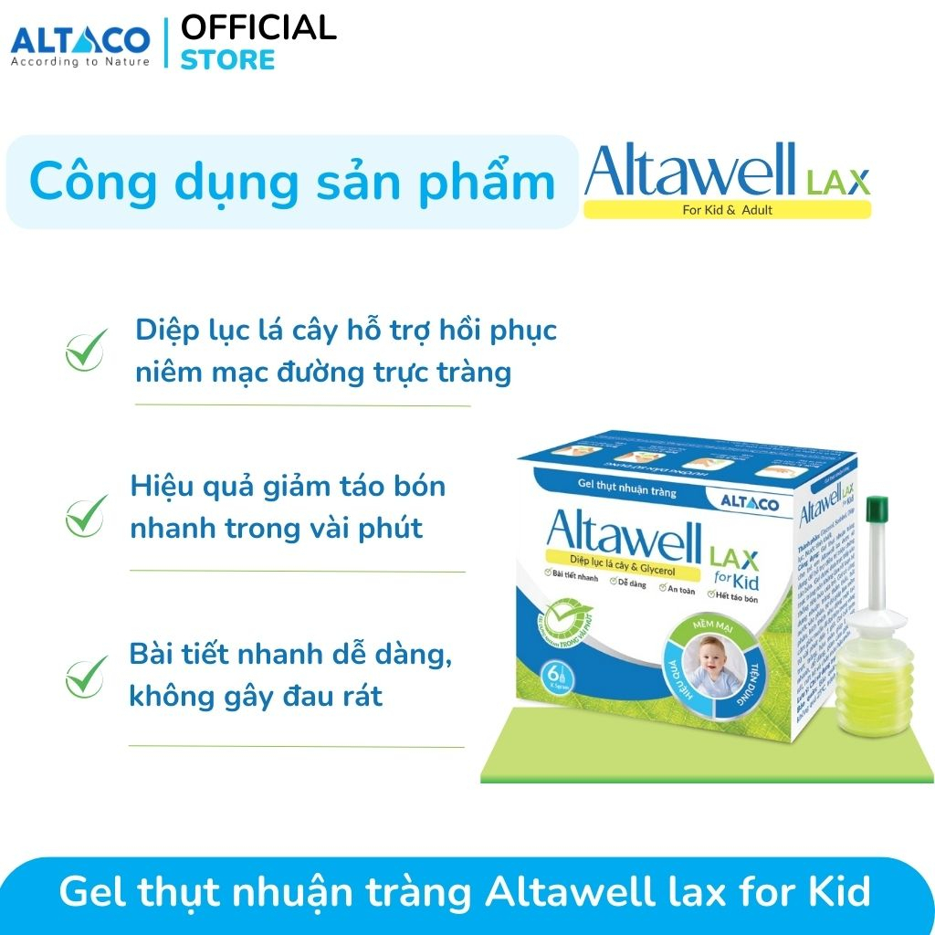 Gel thụt nhuận tràng Altawell lax For Kid, giảm táo bón nhanh, an toàn với diệp lục lá cây Glycerol dành cho trẻ em (5g)