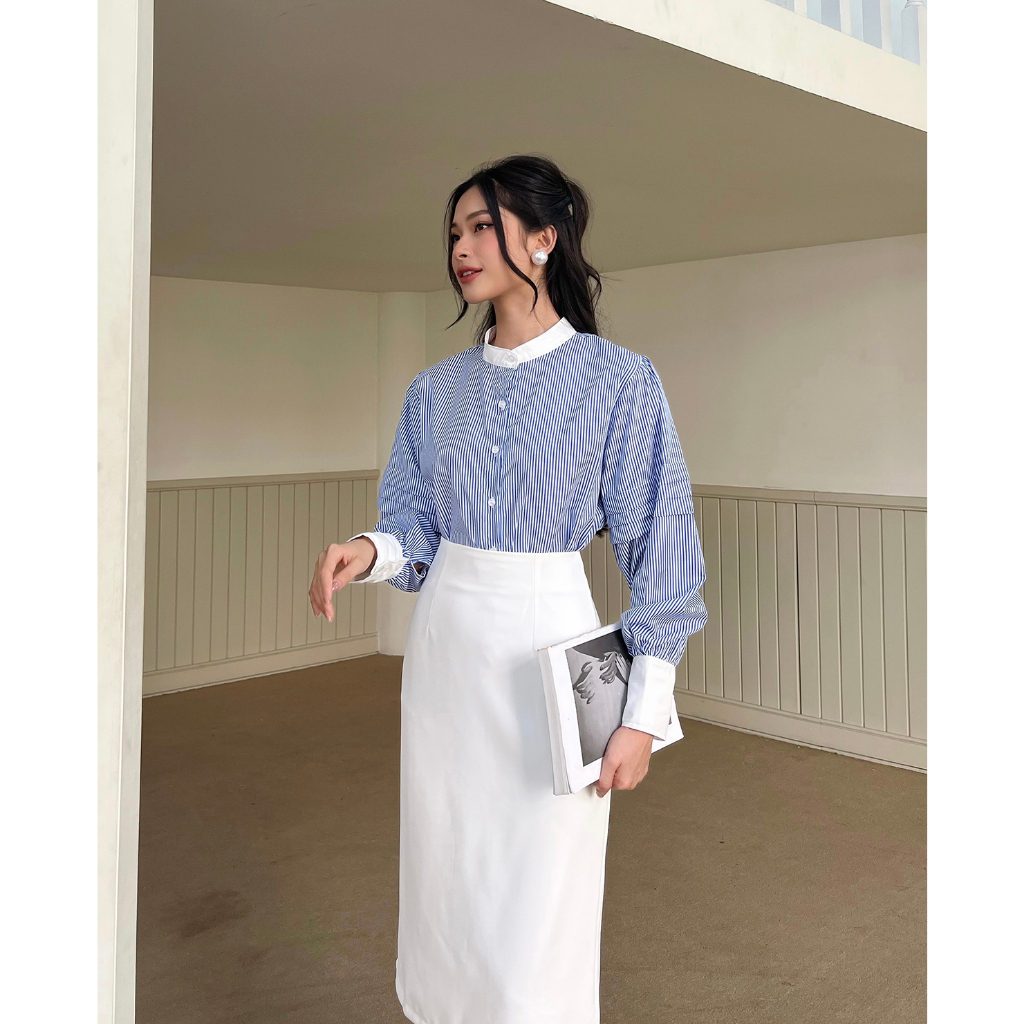 BBSTORE'S Áo Sơ Mi Nữ Tay Dài Kẻ Sọc Cổ Tròn -A1843