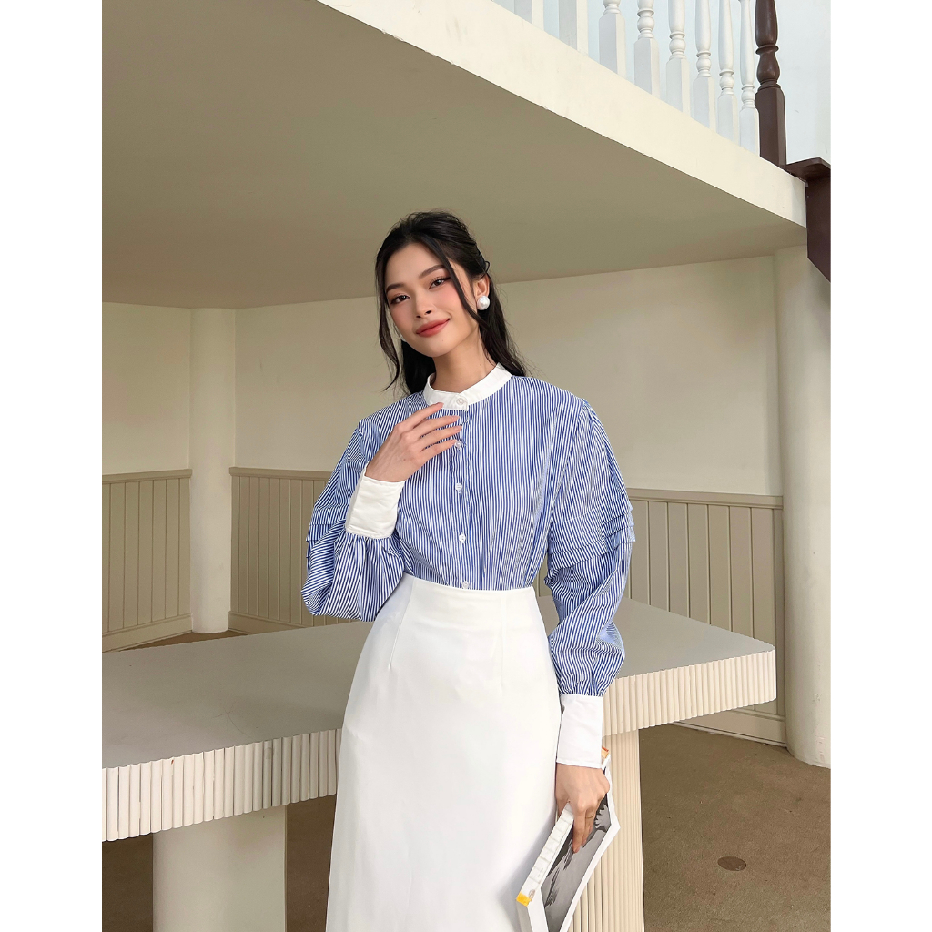 BBSTORE'S Áo Sơ Mi Nữ Tay Dài Kẻ Sọc Cổ Tròn -A1843