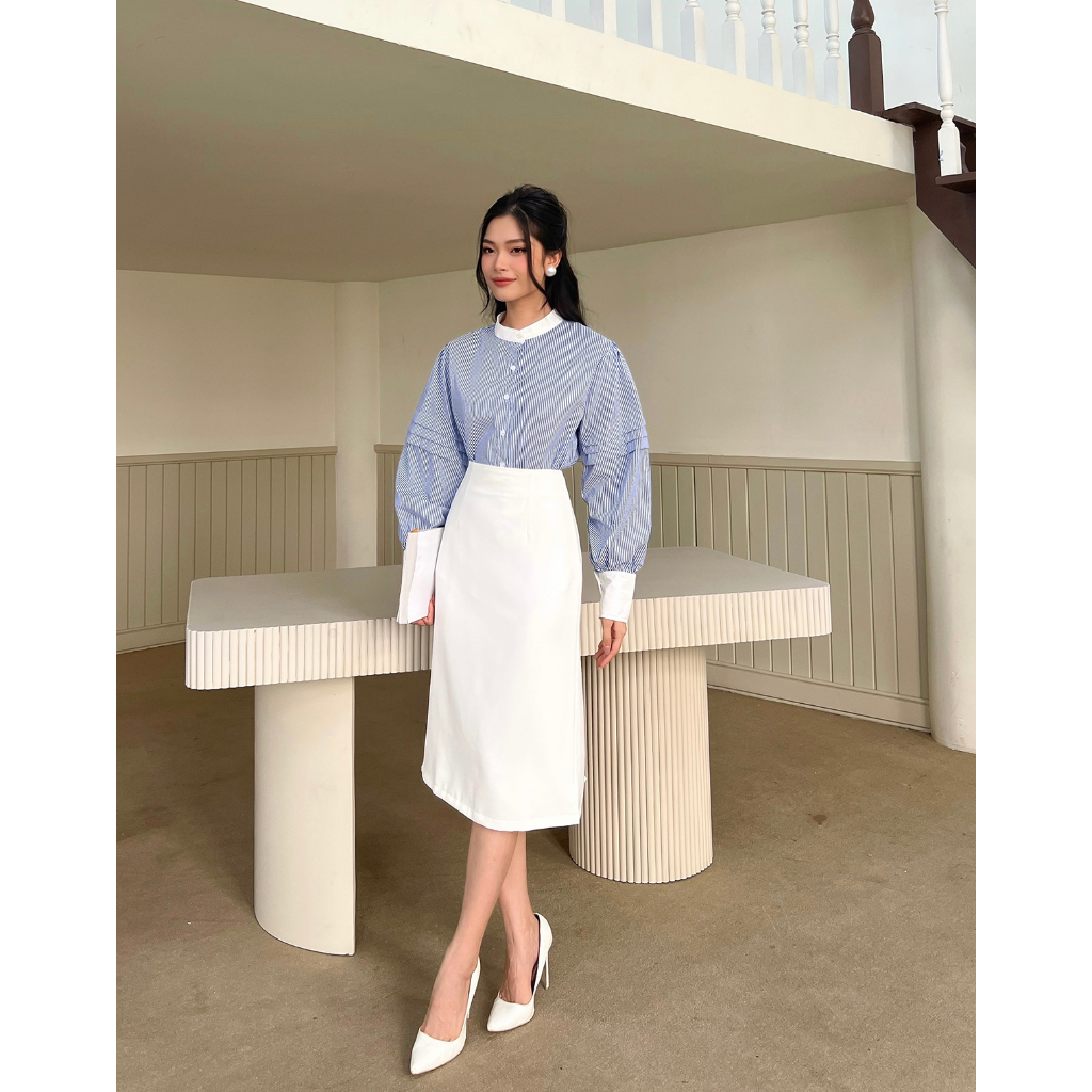 BBSTORE'S Áo Sơ Mi Nữ Tay Dài Kẻ Sọc Cổ Tròn -A1843