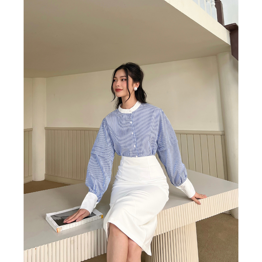 BBSTORE'S Áo Sơ Mi Nữ Tay Dài Kẻ Sọc Cổ Tròn -A1843