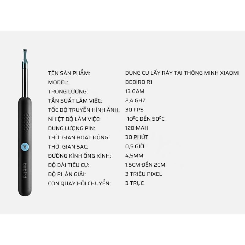 Dụng cụ lấy ráy tai Xiaomi nội soi Bebird R1, Có đèn kèm camera, Hình ảnh 3.0 Mpx sắc nét, Bảo hành 12 tháng