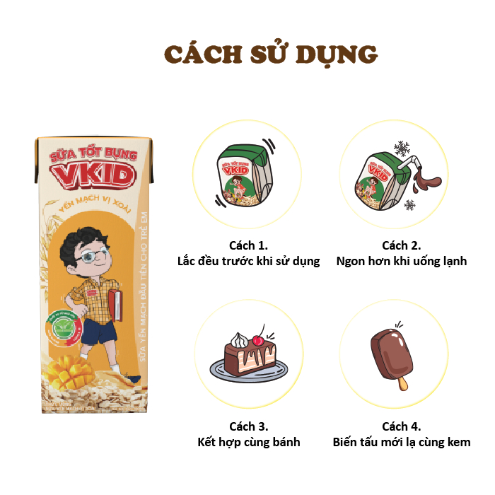 Combo 2 Lốc Sữa Yến Mạch Vkid VIỆT NGŨ CỐC Cho Bé Thơm Ngon Vị Xoài 180ml/Hộp