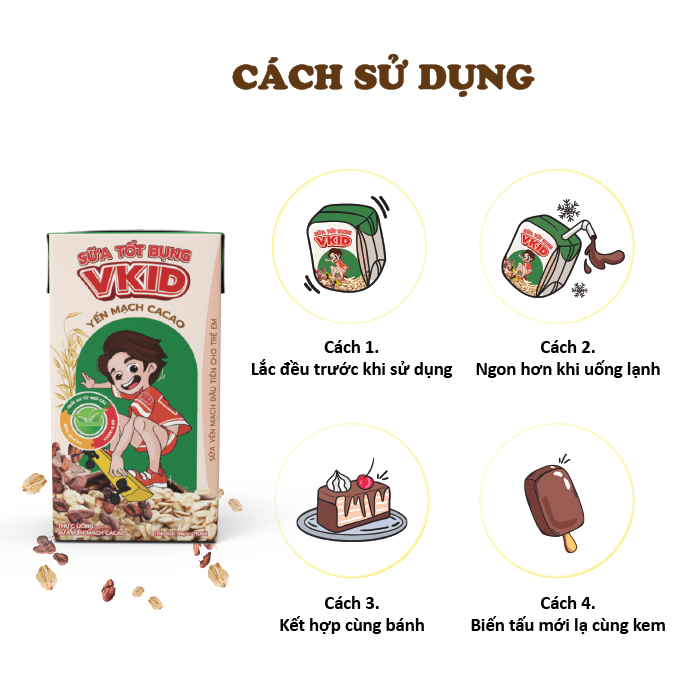 Thùng 48 Hộp Sữa Yến Mạch Vkid VIỆT NGŨ CỐC Cho Bé Thơm Ngon Hương Vị Cacao 110ml/Hộp