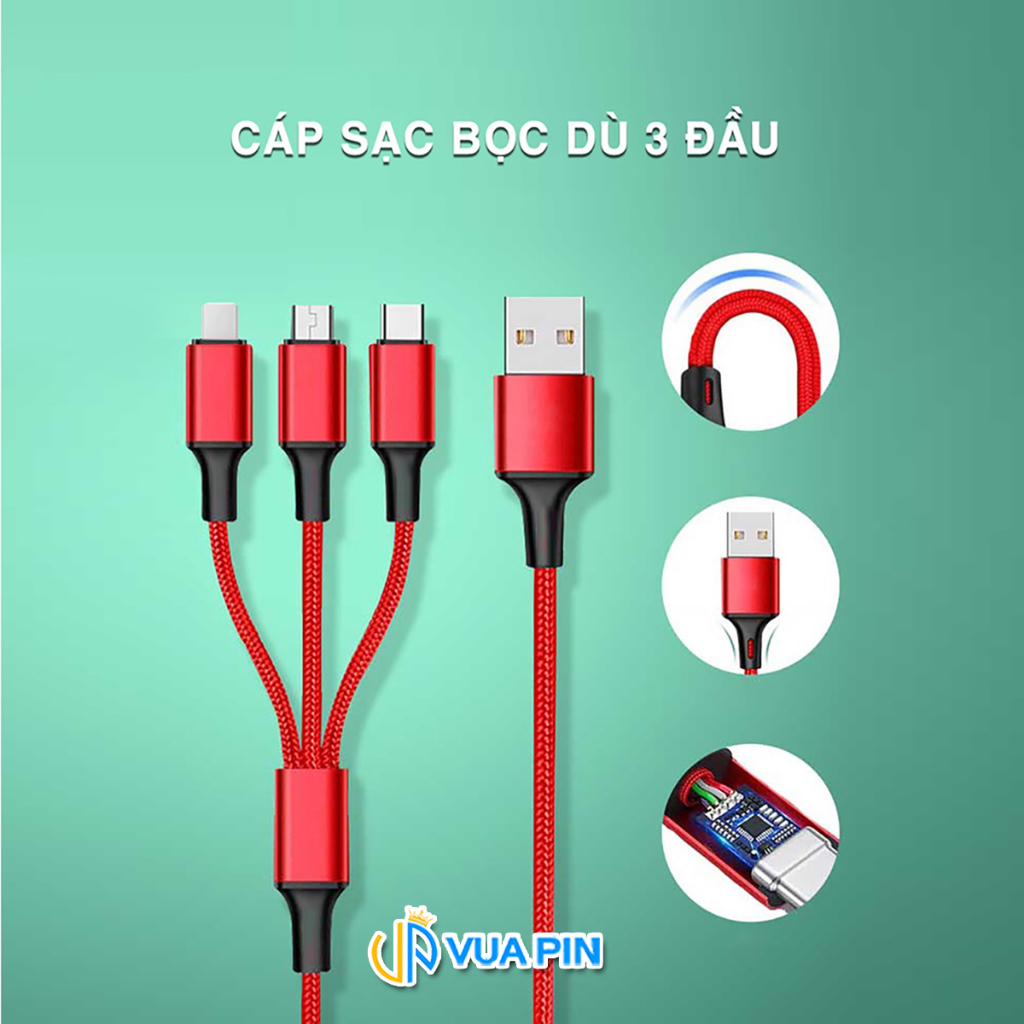 Cáp sạc 3 đầu dây dù Type C Micro Usb Lai Ninh - Cáp sạc bọc dù