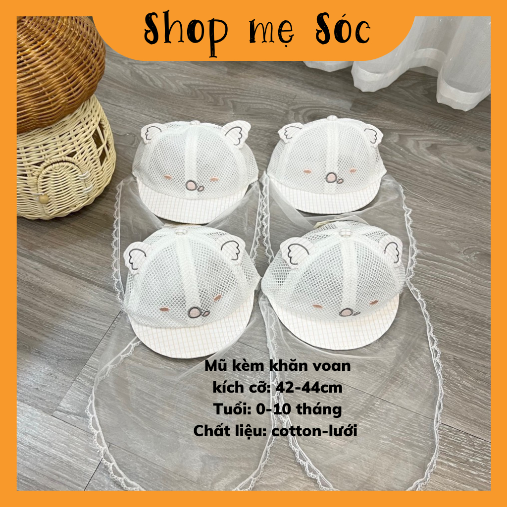 Mũ nón cho bé sơ sinh có khăn voan che mặt chống dịch chống bụi đi tiêm phòng an toàn lưới 4-10 tháng mesocshop