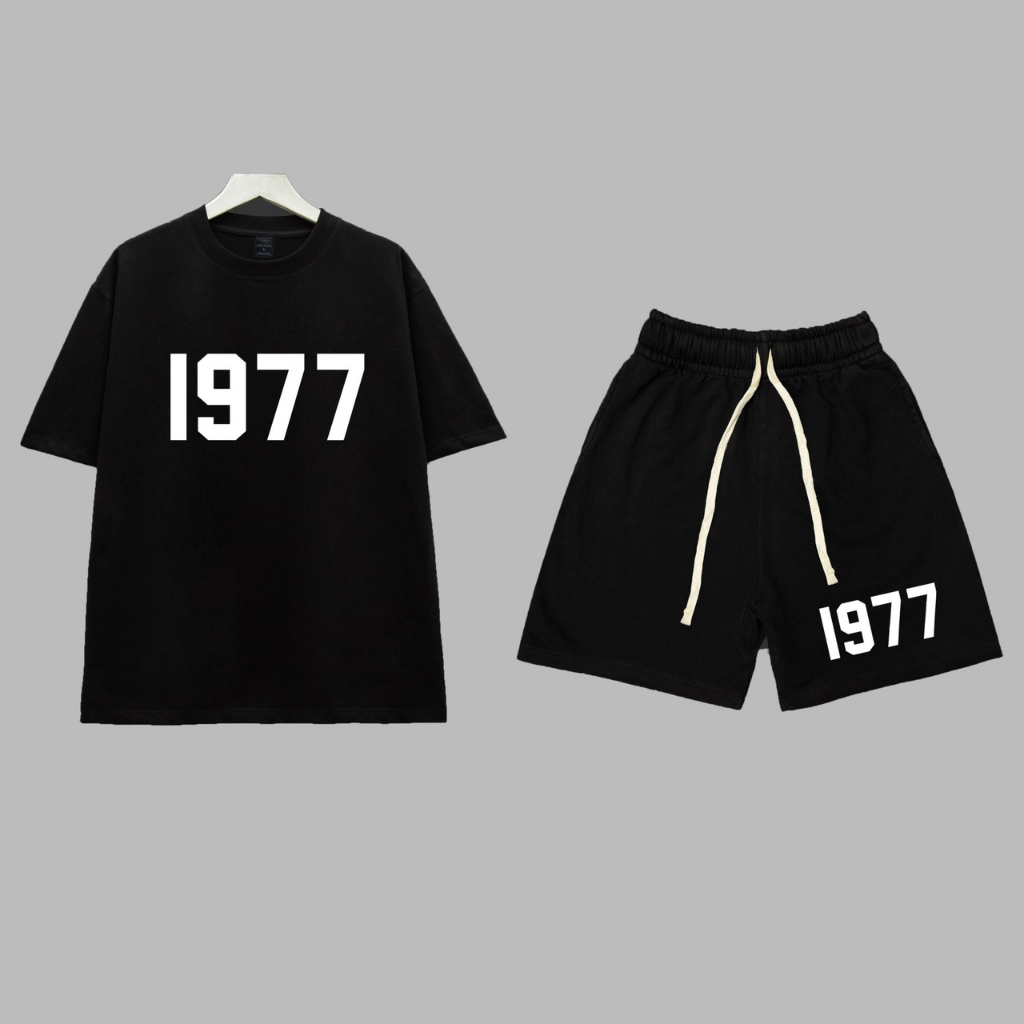 Bộ Hè Nam In 1977 Đen Đơn Giản Chất Liệu Cotton Thời Trang Nam