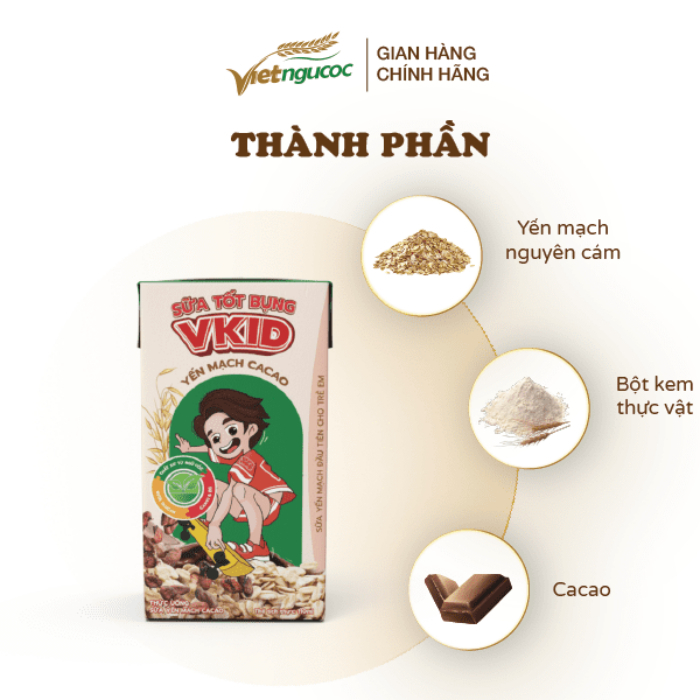 Thùng 48 Hộp Sữa Yến Mạch Vkid VIỆT NGŨ CỐC Cho Bé Thơm Ngon Hương Vị Cacao 110ml/Hộp