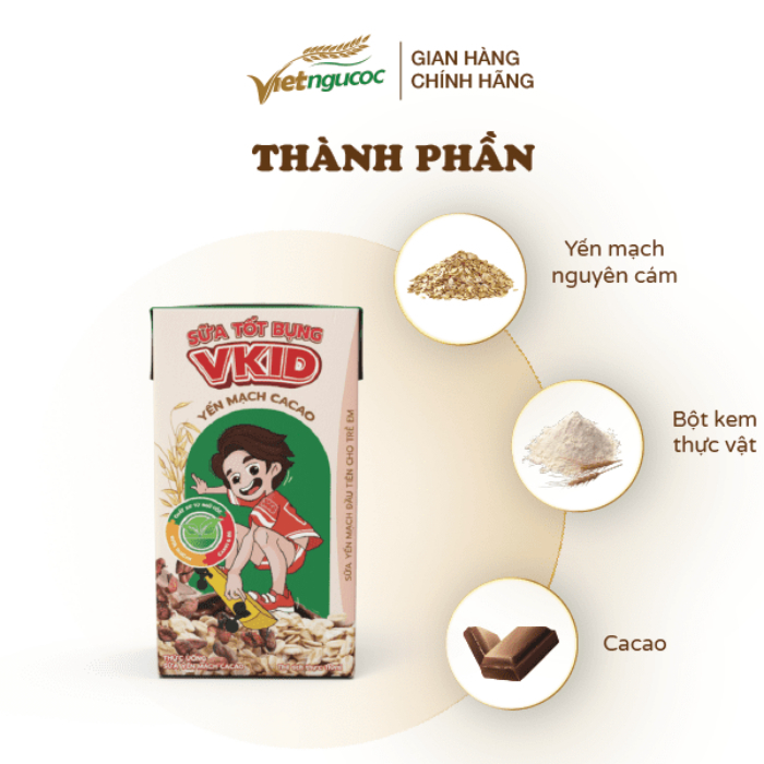 Combo 2 Lốc Sữa Yến Mạch Vkid VIỆT NGŨ CỐC Cho Bé Thơm Ngon Hương Vị Cacao 110ml/Hộp