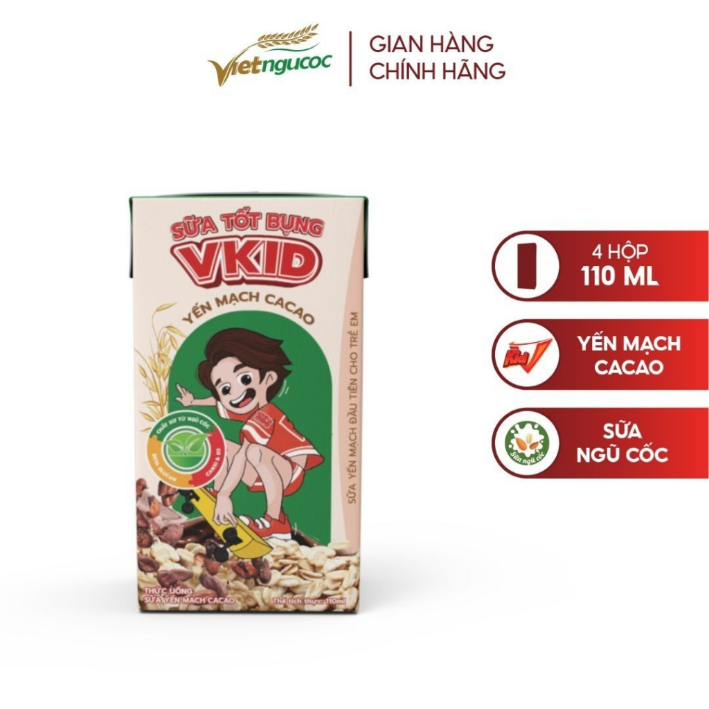 Combo 5 Lốc Sữa Yến Mạch Vkid VIỆT NGŨ CỐC Cho Bé Thơm Ngon Hương Vị Cacao 110ml/Hộp