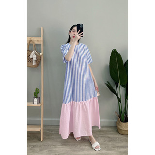 Váy midi cổ tròn kẻ sọc đuôi cá pha màu tay ngắn 0vmd.01419