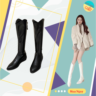 Bốt đùi nữ chất da cổ sóng mẫu mới, giày bốt cao cổ nữ đế vuông 3p kiểu dáng sang chảnh