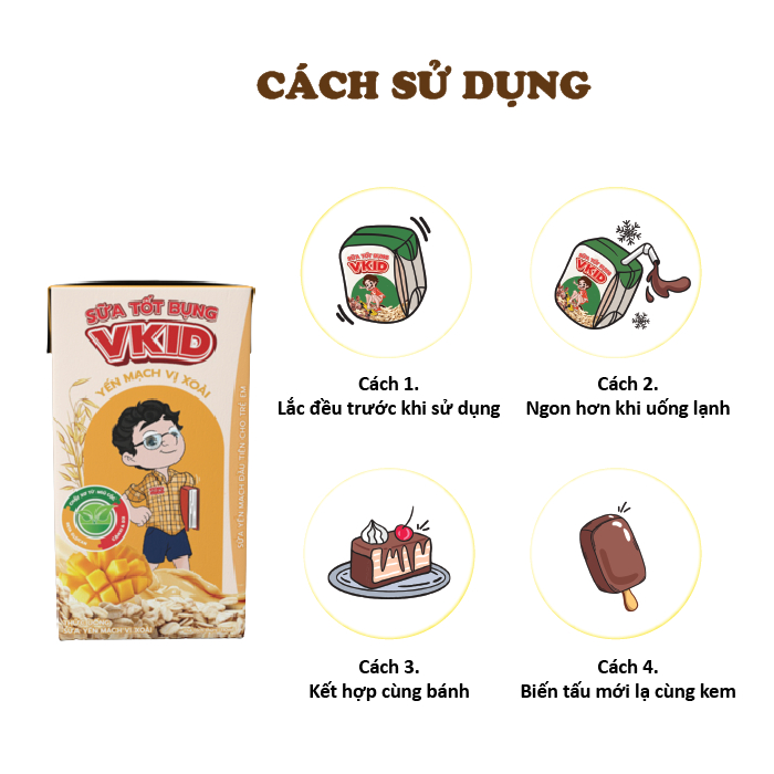 Combo 5 Lốc Sữa Yến Mạch Vkid VIỆT NGŨ CỐC Cho Bé Thơm Ngon Vị Xoài 110ml/Hộp