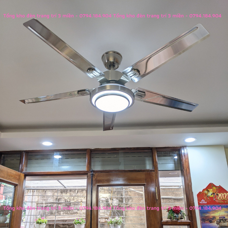 Quạt đèn trần 5 cánh hợp kim trắng lõi 100% bằng đồng 6 cấp gió 3 chế độ sáng 90W kèm điều khiển từ xa bảo hành 10 năm