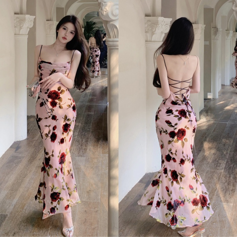 Váy body hai dây dáng dài hoa hồng đan dây lưng hàng chuẩn Quảng Châu