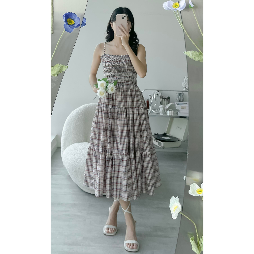 Đầm dây midi mocking thân trên xoè 3 tầng thời trang GAGO hoạ tiết caro xanh đen GG4287 GG4260