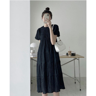 Đầm suông nữ cổ tròn thiết kế gấp ba chiều phong cách Hàn Quốc TQ