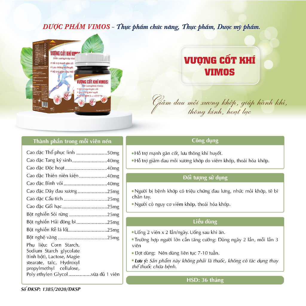 Viên uống xương khớp Vượng Cốt Khí Vimos hỗ trợ thoái hóa khớp, thoát vị đĩa đệm, đau thần kinh tọa