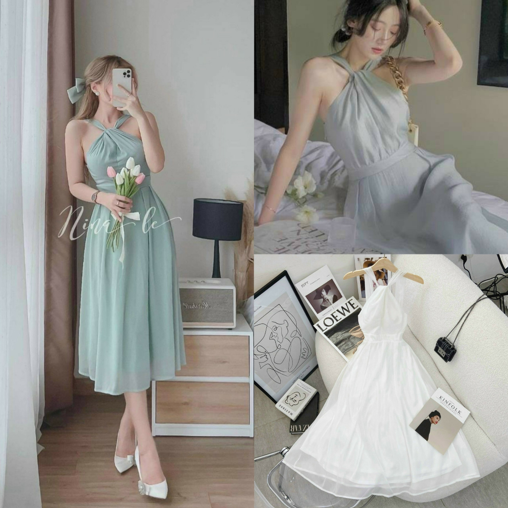 Đầm công chúa dáng midi cổ dây chéo xếp ly phù hợp nàng diện đi chơi, dạ hội [965]