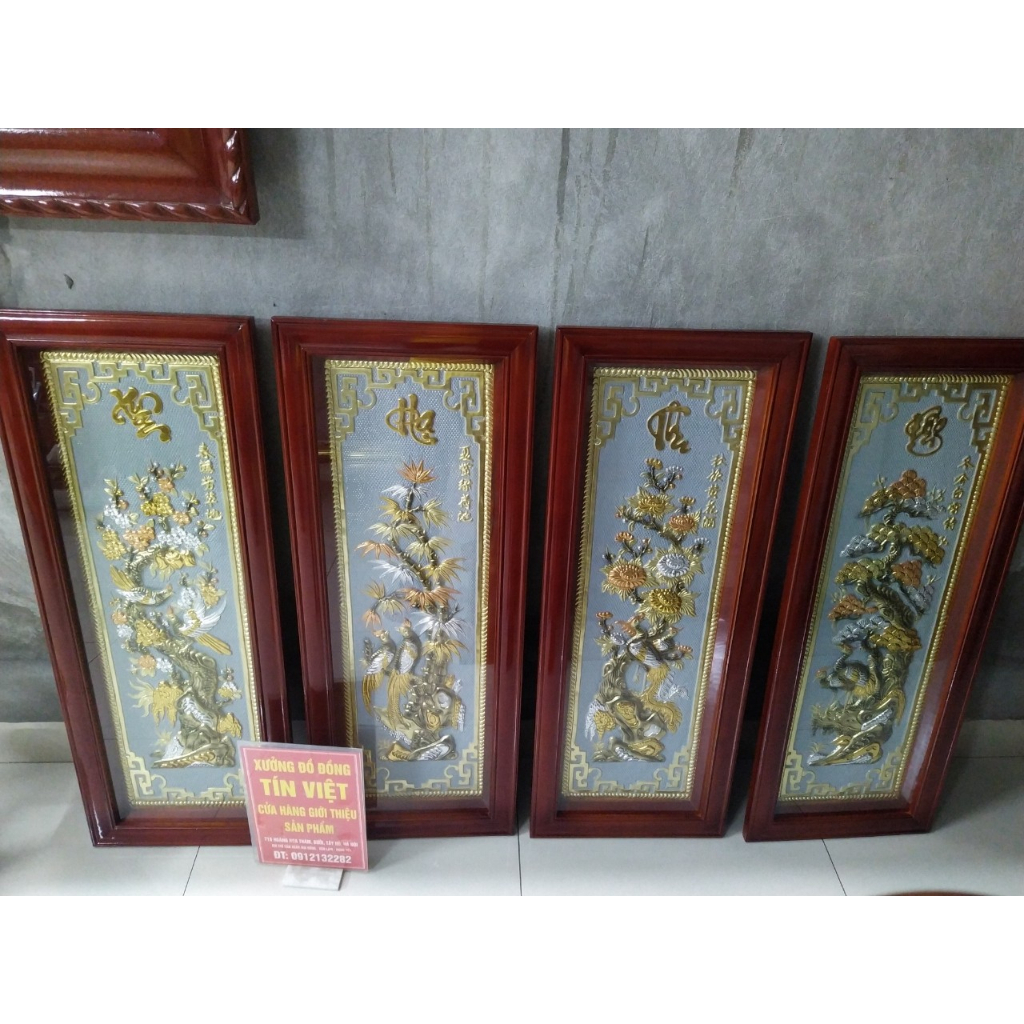 Tranh tứ quý bằng đồng dát vàng