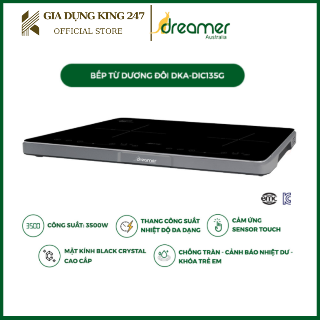 Bếp điện từ, bếp từ đôi dương Dreamer DKA-DIC135B - DKA-DIC135G - Cảm biến chống tràn thông minh - BH 12 tháng